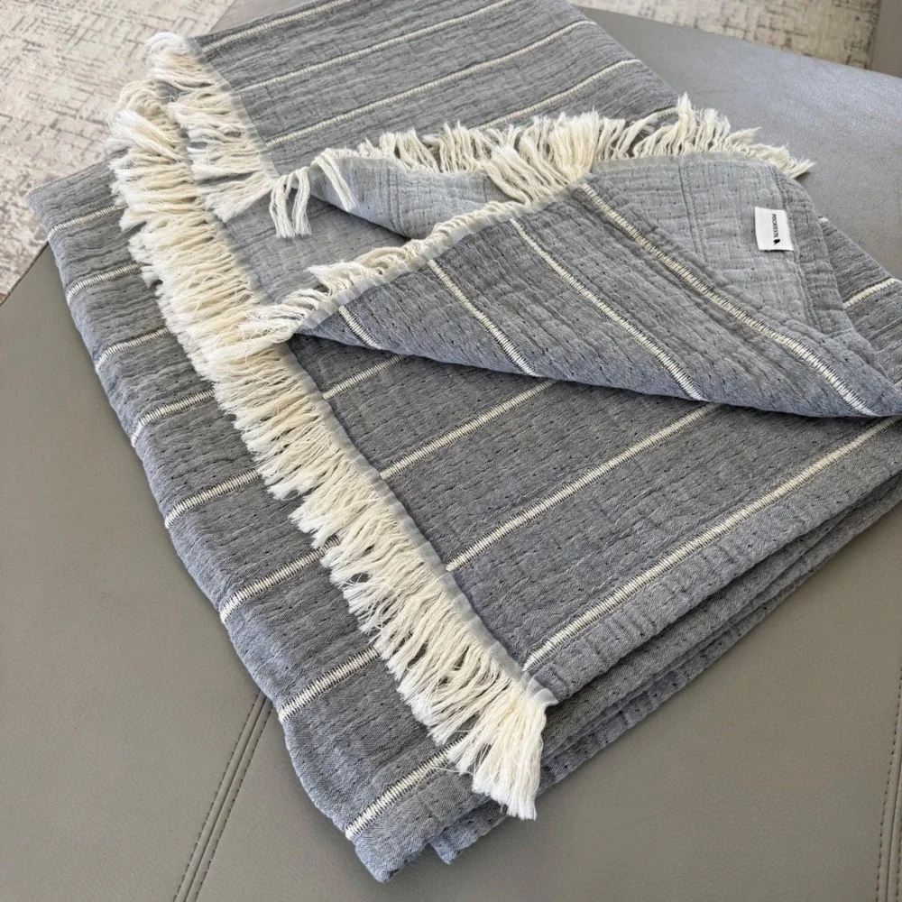 MM Piscatextil Grey Striped Cotton Throw Blanket with Fringe 92-55 Made Portugal